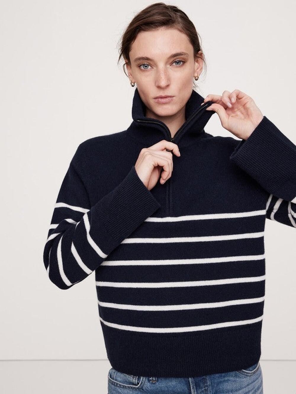 Banana Republic Cashmere Half-Zip Sweater Navy Blue Stripe - M